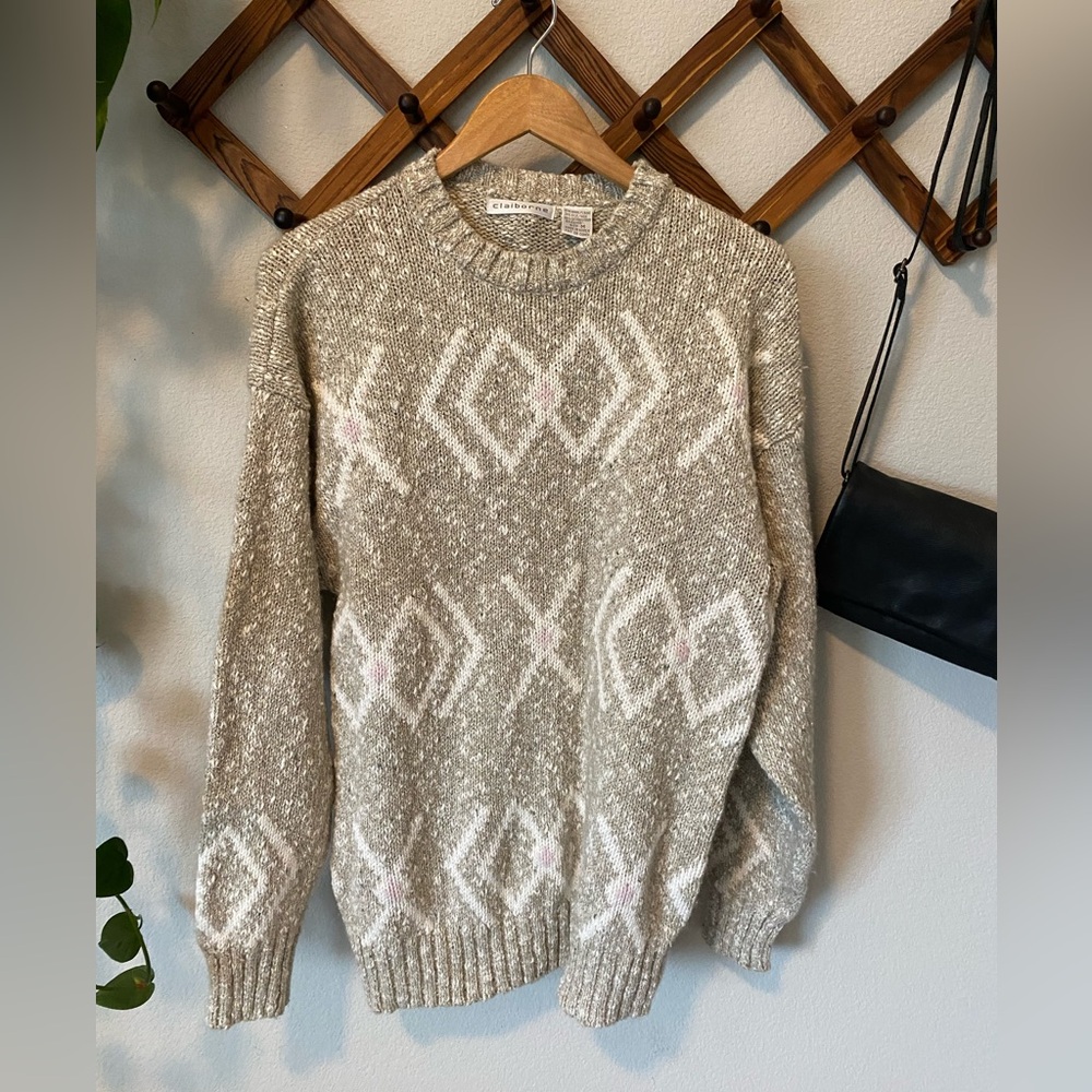 Vintage 80s Liz Claiborne Wool Blend Sweater Cream Geometric Crewneck Sweater
